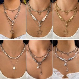 Multi Layer Star Pendant Necklace Alloy Iron Copper Chain Faux Artificial Pearl OT Buckle Baroque Punk Jewelry For Women