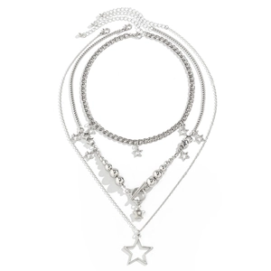 Multi-layered silver star necklace with baroque star pendant and OT buckle design