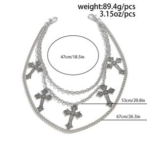 Detailed view of layered punk pants chain with engraved cross pendants and dimensions