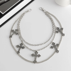 Punk multilayer silver metal waist chain with cross pendants and lobster clasps