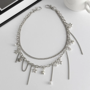 Punk-stijl meerlaagse zilveren broekketting met sterbedeltjes en parelkwastjes
