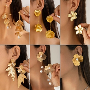 Flower Leaf Dangle Earrings Alloy With Imitation Artificial Pearl Vintage Statement Jewelry For Women Fashion Party Wear