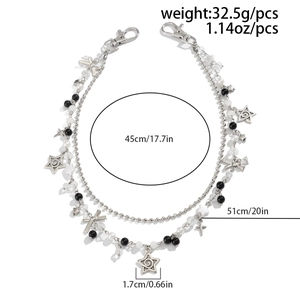 Dubbellaagse zilveren hiphop broekketting met sterren en strikjes, lengte 45-51 cm