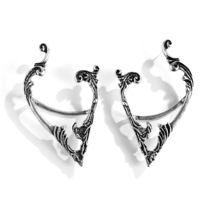 Retro silver elf ear cuff set with intricate vintage gothic vine engravings on metal