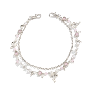 Dubbellaagse hiphop-stijl tailleketting met witte parels en roze hart-hangers