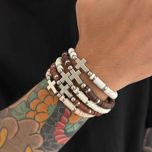 Five-piece bohemian cross bracelet set with Heishi clay beads for men fashion