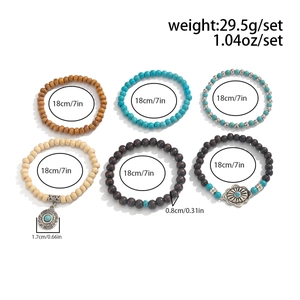 Detail specifications of bohemian wood bead bracelet set with dimensions and weight