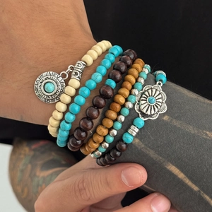 Lot de 6 bracelets bohèmes pour hommes avec perles de turquoise, bois et charmes ethniques