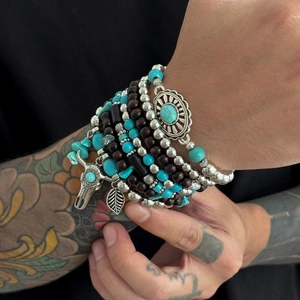 Men's 7-piece bohemian beaded bracelet set with turquoise and silver bull pendant