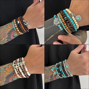 Bohemian Bracelet Wood Beads Alloy Charms Cactus Bull Head Cross Ethnic Style Elastic Jewelry Women Men Casual Accessory