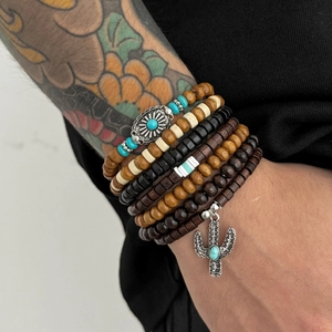 Men's bohemian wood bead bracelet set with cactus charm and turquoise details