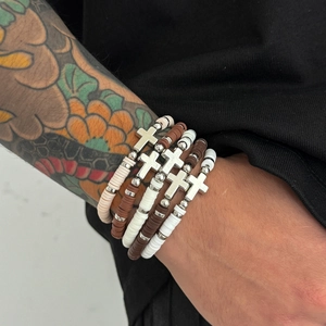Set of 5 bohemian cross beaded bracelets with clay beads for men and women