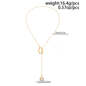 Flat lay of gold irregular snake chain with water drop pendant and size specifications