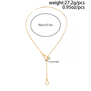 Detail of 70cm gold long tassel necklace showing size measurements and U-shape buckle