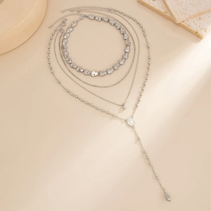 Multi-layer silver CCB bead necklace set with medallion and water drop pendant