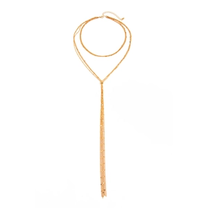 Elegant gold multi-layered Y-shaped tassel necklace with long metallic chains