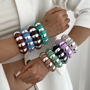 Chunky Elastic Bangle Bracelet Colorful Resin And Metallic Block Geometric Retro Fashion Jewelry Women Accessories