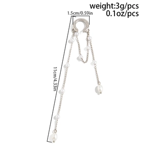 Detail view of silver tassel ear cuff with pearls showing dimensions and 3g weight