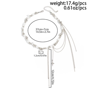 Detailed size map of bohemian pearl necklace with star heart charms and long tassels