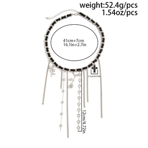 Detailed view of punk choker with tassels, angel charms, and size measurements