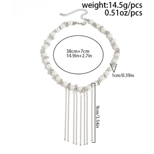 Detailed dimension drawing of pearl fringe necklace with metal tassels and size specs