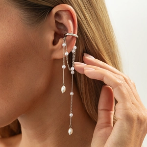 Elegant silver tassel ear cuff with cascading white pearls and dangling teardrop charms