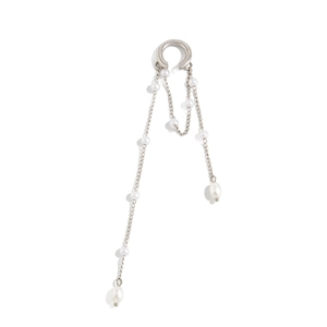 Elegant silver tassel ear cuff with white faux pearls and ceramic heart on white background