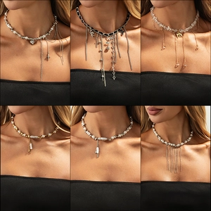 Women Elegant Faux Artificial Pearl Alloy Tassel Necklace Heart Star Butterfly Bird Pendant Choker Sweet Cool Gothic Style Jewelry