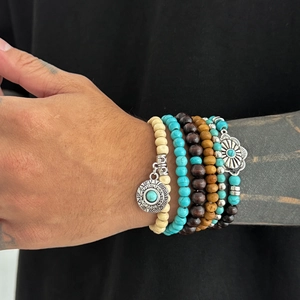 Bracelet Bohème Multicouche Perlé Homme Bois Turquoise Artificielle Pendentif Soleil Alliage Vintage Bijoux Ethniques