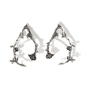Pair of vintage silver elven ear cuffs featuring intricate rose and vine leaf designs