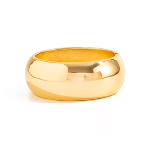 Polished gold wide cuff bracelet with a minimalist mirror finish and hinged clasp closure