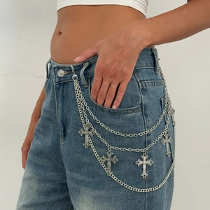 Punk Multi-layer Metal Belt Chain For Women Gothic Cross Star Pendant Silver Alloy Tassel Pants Chain Y2K Streetwear Jewelry