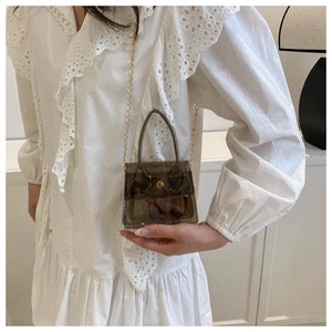 Détail d'un mini sac à main transparent gris fumé avec chaîne dorée tenu à la main