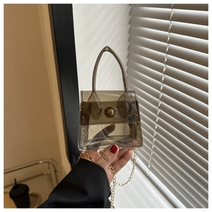 Détail du mini sac carré gris translucide avec chaîne dorée et fermoir métallique