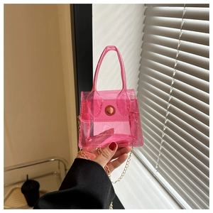 Détail d'un mini sac rose transparent en PVC avec bandoulière chaîne dorée et fermoir