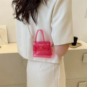 Mini sac à bandoulière rose transparent avec chaîne dorée et poignée pour femme