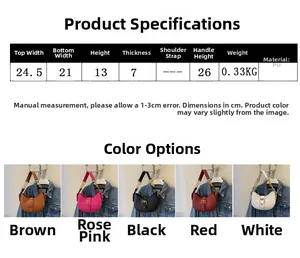 Size guide for PU leather baguette bag featuring top width 24.5cm and chain strap detail