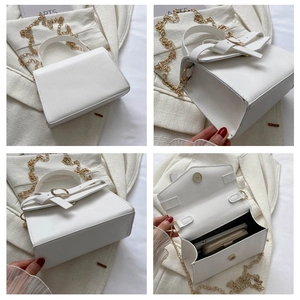 Detailed four-panel view of white chain bag showing interior, side, and flap closure
