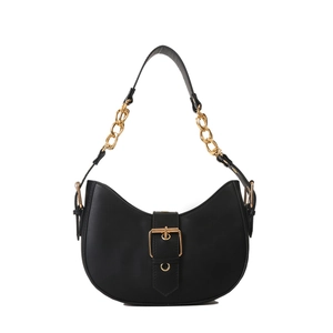 Elegant black half-moon shoulder bag with matte leather finish and gold chain detail