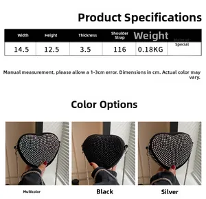 Detailed size specifications for heart-shaped rhinestone shoulder bag with strap dimensions