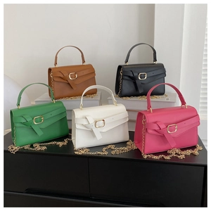 Detailed display of fashionable small square bags in green brown black white and pink