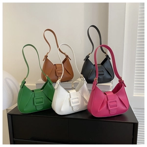 Collection of five colorful leather crescent underarm bags with buckle and pleat details