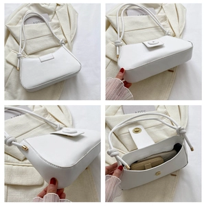 Detailed views showing knots on straps, golden hardware, and interior of a white shoulder bag
