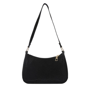 Borsa sottobraccio scintillante con strass neri e design minimalista a semicerchio