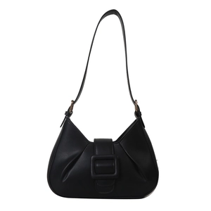 Fashionable black underarm bag with pleated design and decorative buckle detail