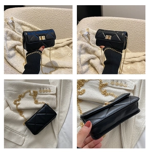 Detailed views of black quilted crossbody bag with golden chain and twist-lock closure
