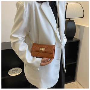 Close-up of brown quilted crossbody bag with gold chain strap and turn-lock closure