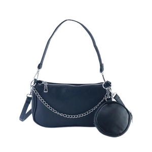 Sac bandoulière en cuir noir avec chaîne argentée et mini pochette ronde amovible pour femme