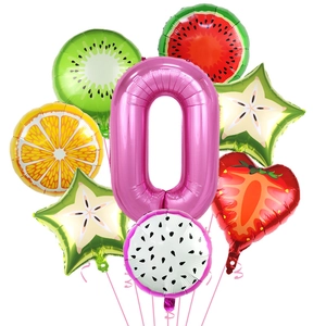 Tropical fruit foil balloon set with pink number zero for summer pool party decoration