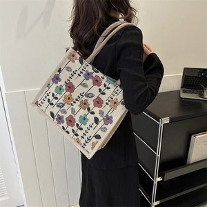 Floral print canvas tote bag with large capacity for women casual shoulder carry